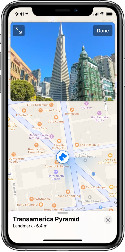 A view of a street leading to the Transamerica Pyramid building appears above a map of the area.