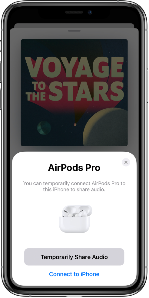 An iPhone screen with a picture of AirPods in an open charging case. Near the bottom of the screen is a button to temporarily share audio.