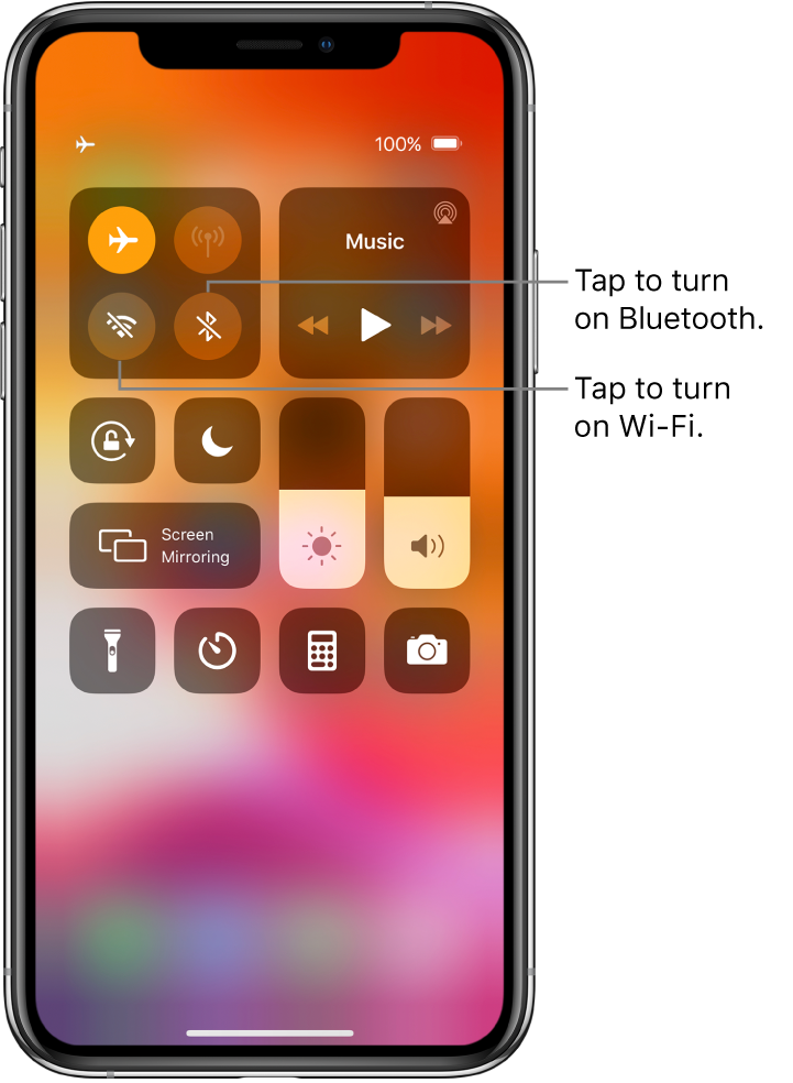 Control Center with airplane mode on, with callouts explaining that tapping the bottom-left button in the top-left group of controls turns on Wi-Fi and tapping the bottom-right button in that group turns on Bluetooth.