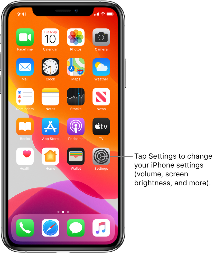 The Home screen with several icons, including the Settings icon, which you can tap to change your iPhone sound volume, screen brightness, and more.