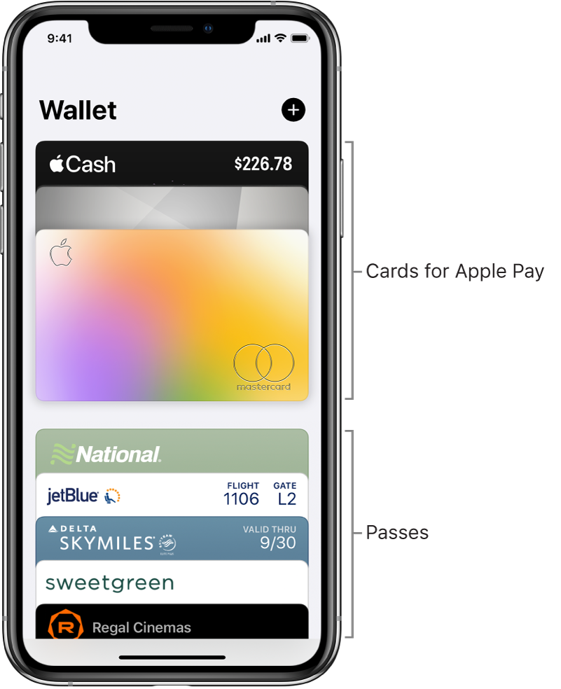 The Wallet screen, showing the tops of several credit and debit cards and passes.