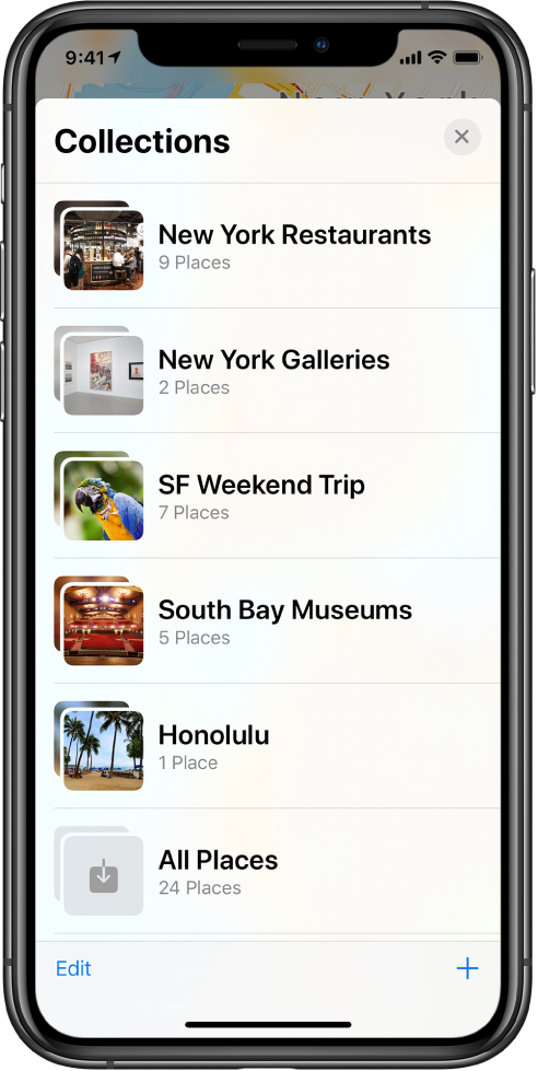 A list of collections in the Maps app. The collections, from top to bottom, are New York Restaurants, New York Galleries, SF Weekend Trip, South Bay Museums, Honolulu, and All Places. At the lower left is the Edit button, and at the lower right is the Add button.