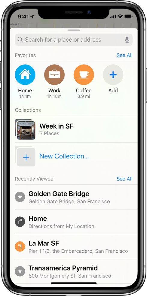 The search card fills the screen. The section for Collections appears below the search field and the Favorites row. In the Collections list is a collection named “Week in SF,” and an option for creating a new collection.