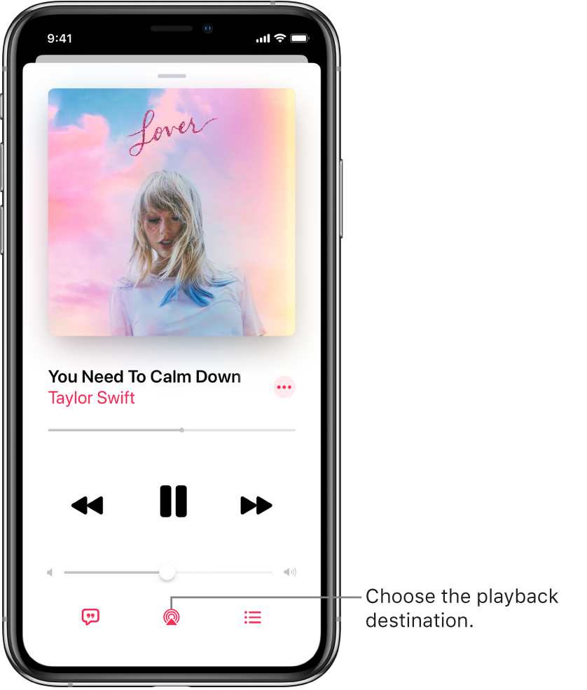The playback controls on the Now Playing screen for Music, including the Playback Destination button at the bottom of the screen.