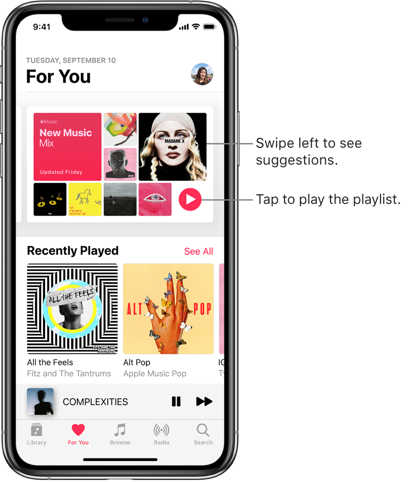 The For You screen showing the New Music Mix playlist at the top. A Play button appears at the bottom right of the playlist. Below is the Recently Played section, showing two album covers.