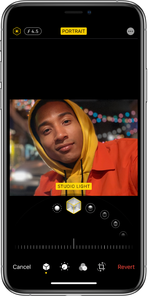 The Edit screen of a Portrait mode photo. At the top left of the screen are the Lighting Intensity button and the Depth Adjustment button. At the top center of the screen the Portrait button is on and at the top right is the Plug-ins button. The photo is in the center of the screen and below the photo is a slider to choose the Portrait Light Effect and below that a slider to adjust the value. At the bottom of the screen from left to right are the Cancel, Portrait, Adjust, Filters, Crop, and Revert buttons.