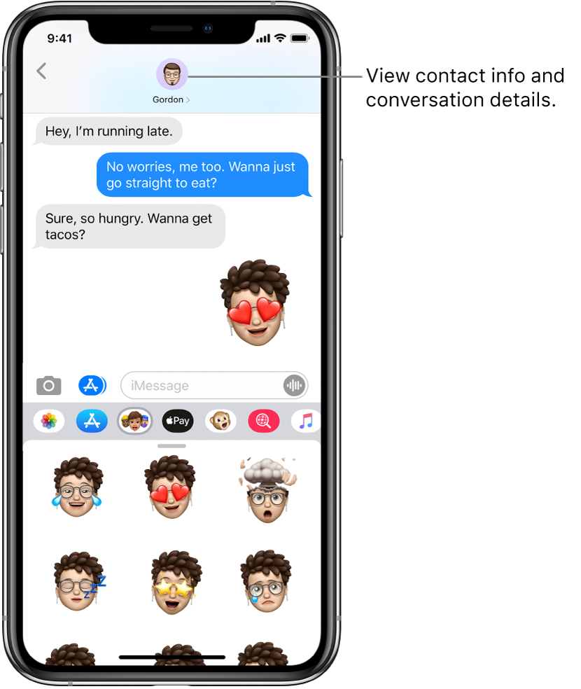 A Messages conversation. Along the top, from left to right, are the Back button, and a photo of the person you’re messaging. At the center are the messages sent and received during the conversation. Along the bottom, from left to right, are the Photos, Stores, Apple Pay, Animoji, Hashtag Images, Music, and Digital Touch buttons.