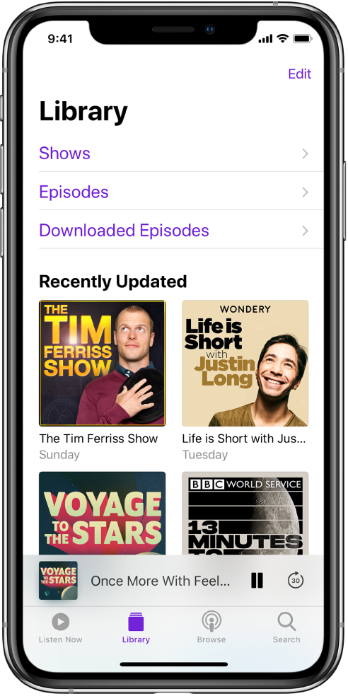 The Library tab showing recently updated podcasts.
