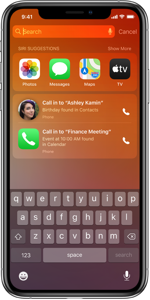 The Lock screen on iPhone. The apps Photos, Messages, Maps, and TV appear in a row labeled “Siri Suggestions.” Below the app suggestions are two suggestions to make phone calls. One suggestion is to call Ashley Kamin, whose birthday is found in Contacts, and the other suggestion is to call in to Finance Meeting, which is an event found in Calendar.