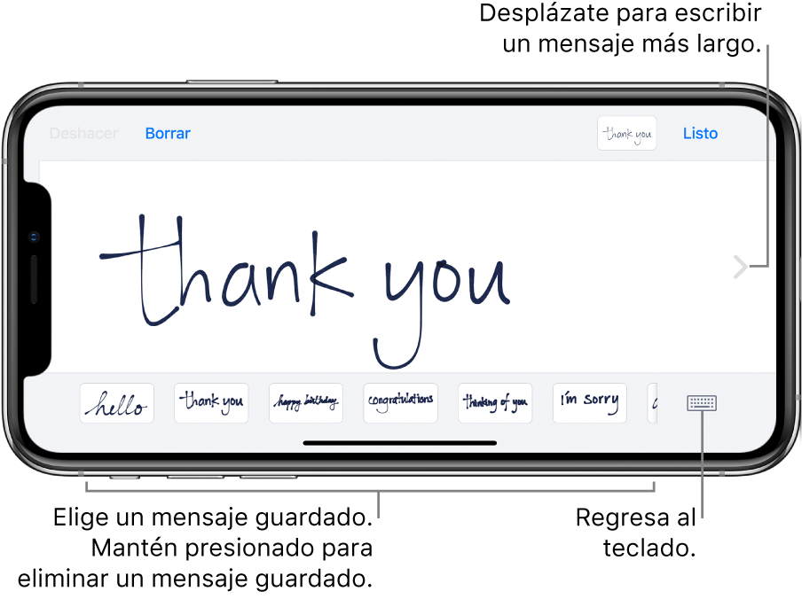 La pantalla de mensaje a mano con un mensaje escrito a mano. En la parte inferior, de izquierda a derecha, se encuentran mensajes guardados y el botón "Mostrar teclado".