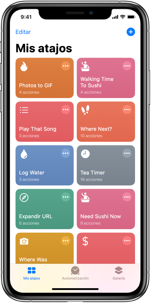 La pestaña "Mis atajos". Una lista de atajos para completar tareas comunes como establecer un temporizador para el té y buscar restaurantes de sushi. En la parte inferior se encuentran las pestañas Galería y Automatización.