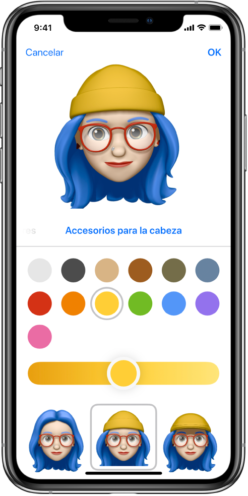 La pantalla para crear un Memoji mostrando la creación del personaje en la parte superior, las características personalizables debajo del personaje, y las opciones de la característica seleccionada en la parte inferior de la pantalla. El botón OK se encuentra en la esquina superior derecha y el botón Cancelar está en la esquina superior izquierda.