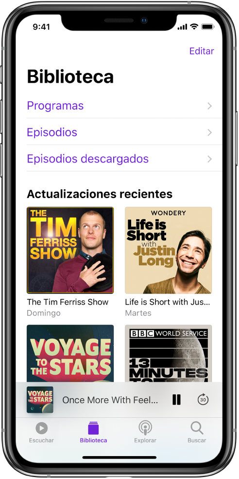 La pestaña Biblioteca mostrando los podcasts actualizados recientemente.