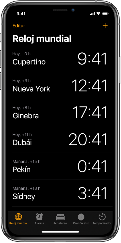 La pestaña "Reloj mundial" mostrando la hora en varias ciudades. Toca Editar en la parte superior izquierda para acomodar los relojes. Toca el botón Agregar en la esquina superior derecha para agregar más. Los botones Alarma, "Hora de dormir", Cronómetro y Temporizador están en la parte inferior.