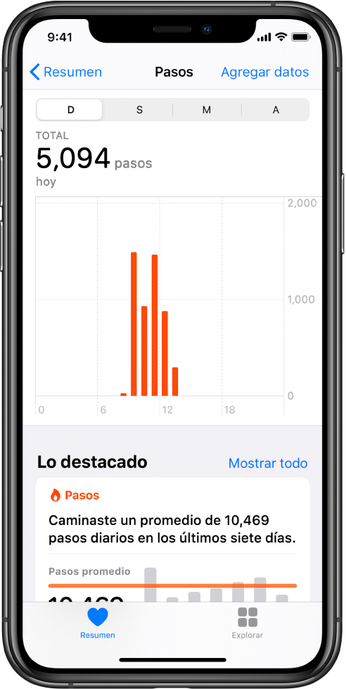 La pantalla Resumen de la app Salud mostrando una gráfica con detalles sobre los pasos recorridos en ese día. En la parte superior de la pantalla están los botones para visualizar el progreso por día, semana, mes o año. El botón Resumen está en la parte inferior izquierda y, en la parte inferior derecha, el botón Explorar.