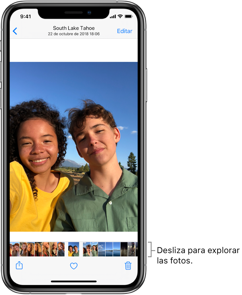 Una foto con miniaturas de otras fotos en la parte inferior de la pantalla. En la parte superior izquierda se encuentra en botón Atrás, que te lleva de regreso a la visualización en la que estabas. En la parte inferior se encuentran los botones Compartir, Me gusta y Eliminar. En la parte superior derecha está el botón Editar.