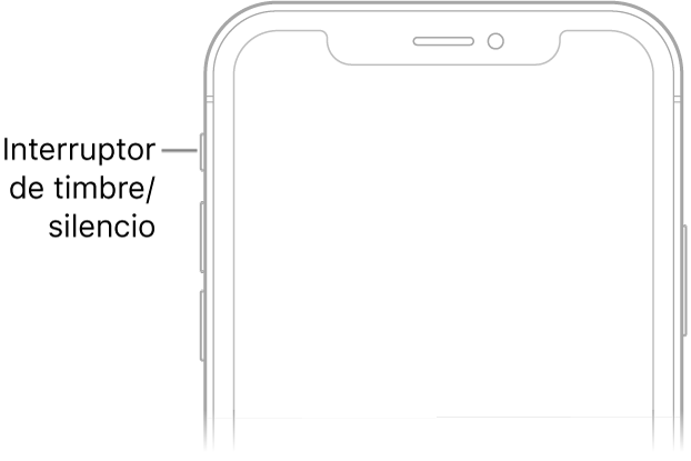 Parte superior del frente del iPhone con un texto que indica dónde está el interruptor de tono/silencio.