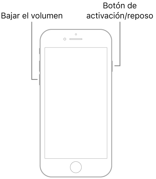 Una ilustración de un iPhone 7 con la pantalla hacia arriba. El botón para bajar el volumen se encuentra en el lado izquierdo del dispositivo, y el botón Activación/reposo está en el lado derecho.