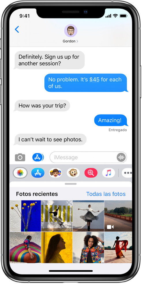 Una conversación de Mensajes mostrando la app Fotos en iMessage debajo. La app Fotos en iMessage muestra, de izquierda a derecha, los enlaces a "Fotos recientes" y "Todas las fotos". Debajo de eso se encuentran las fotos recientes, las cuales se pueden ver si desliza a la izquierda.