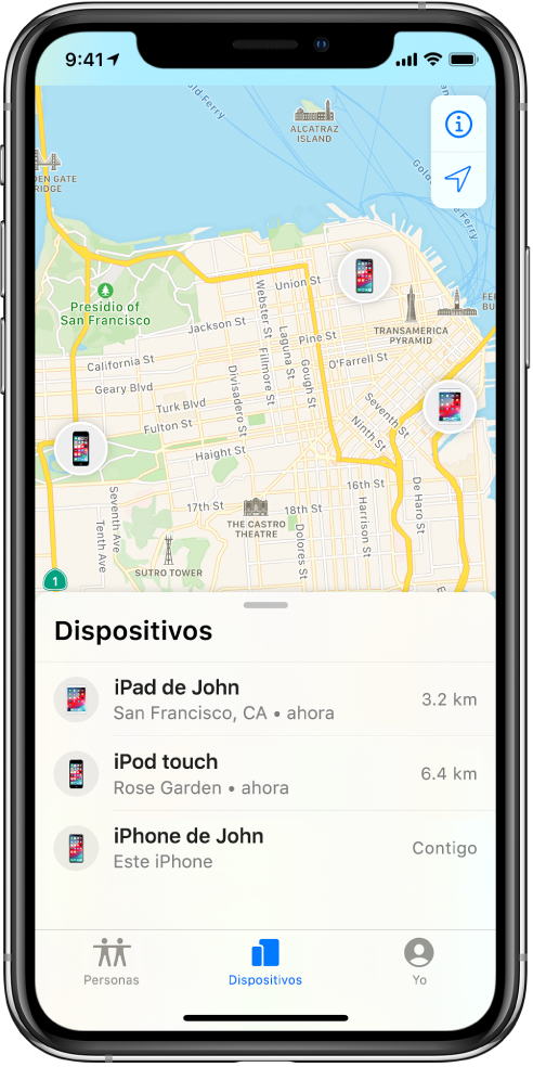 La lista Dispositivos muestra tres dispositivos: iPad de Juan, iPod touch de Juan y iPhone de Juan. Sus ubicaciones se muestran en un mapa de San Francisco.