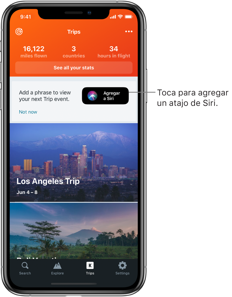 La pantalla de una app de viajes. El botón Agregar a Siri está a la derecha del texto que dice "Agrega una frase para ver tu próximo evento de viajes".