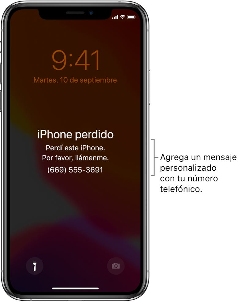 La pantalla de bloqueo de un iPhone con el mensaje: "iPhone perdido. Perdí este iPhone. Por favor, llámenme. (669) 555-3691." Puedes agregar un mensaje personalizado con tu número telefónico.