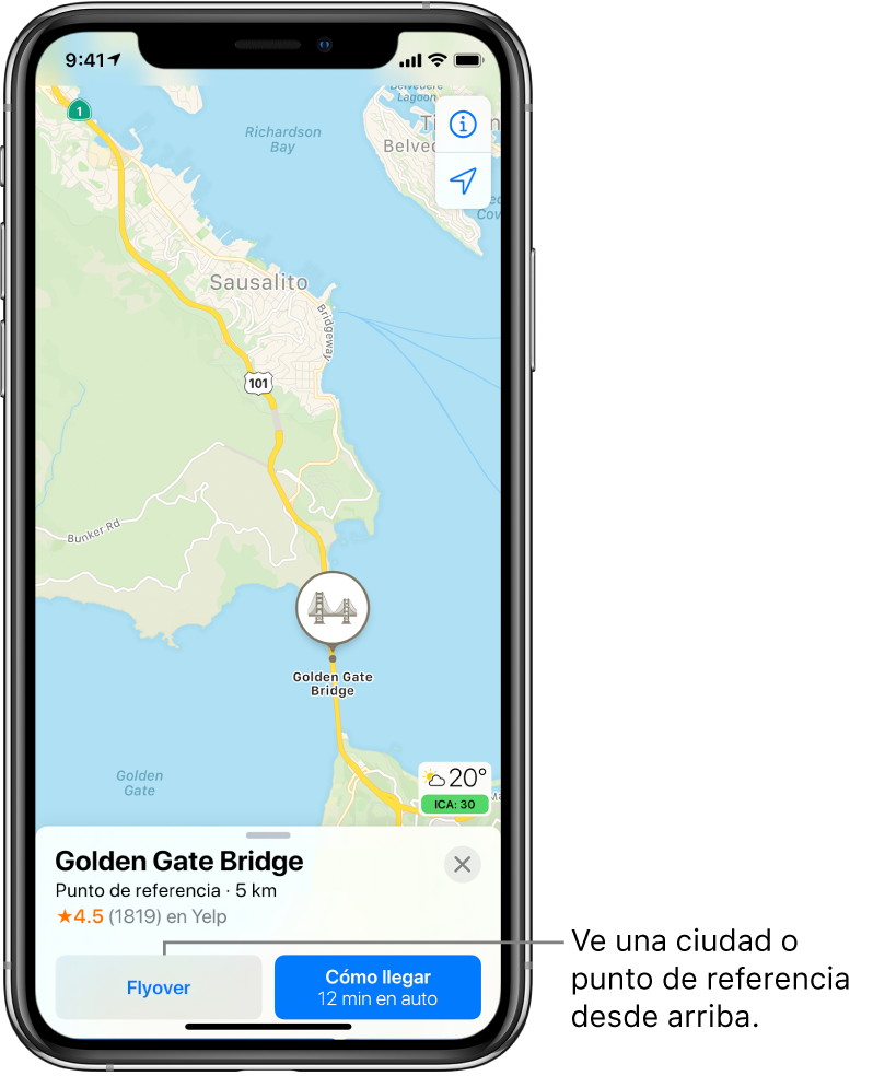 Un mapa de San Francisco. En el área inferior de la pantalla, una tarjeta de información del puente Golden Gate muestra el botón Flyover a la izquierda del botón "Cómo llegar".