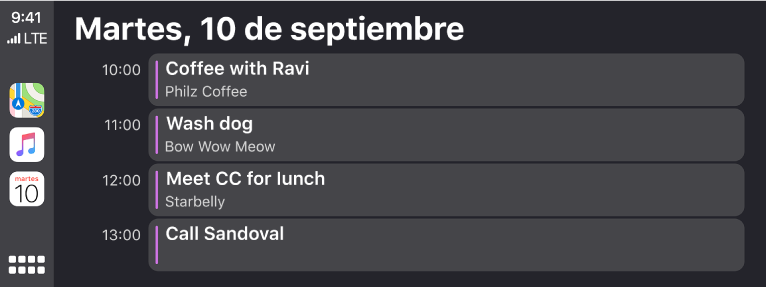 Una pantalla de calendario en CarPlay, mostrando 4 eventos para el martes, 10 de septiembre.