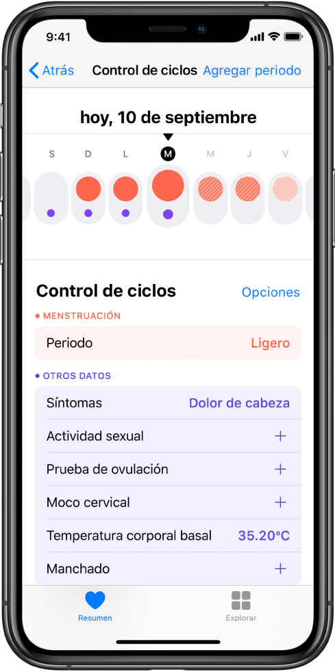La pantalla Control de Ciclos de la app Salud.