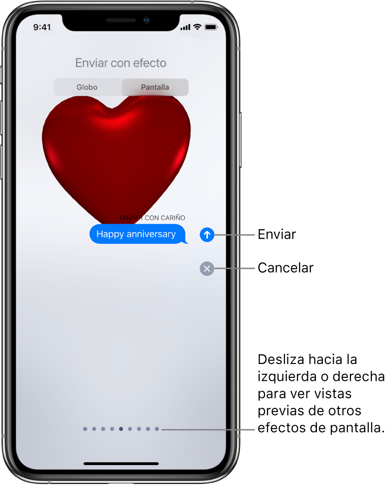 Una previsualización de un mensaje mostrando un efecto en pantalla completa con un corazón rojo.