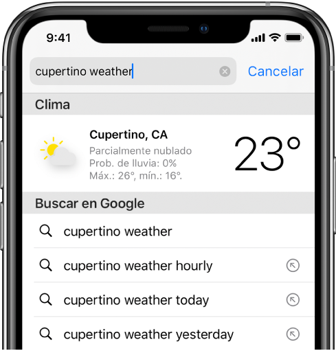 En la parte superior de la pantalla se encuentra el campo de búsqueda de Safari con el texto "cupertino weather". Debajo del campo de búsqueda se encuentra un resultado de la app Clima, mostrando el clima actual y la temperatura de Cupertino. Debajo de eso se encuentran los resultados de la búsqueda de Google, incluyendo "cupertino weather", "cupertino weather hourly" y "cupertino weather yesterday". En el lado derecho de cada resultado hay una flecha que dirige a una página específica del resultado de búsqueda.