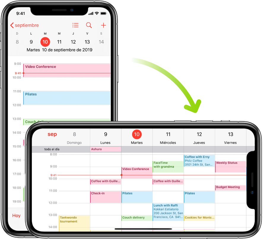 En el fondo, el iPhone muestra la pantalla de Calendario con los eventos de un día en modo vertical; primer plano el iPhone está en modo horizontal y muestra los eventos de Calendario de toda la semana del mismo día.