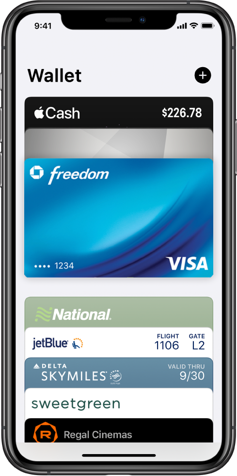 Una pantalla de Wallet. En la parte superior de la pantalla se muestran tres tarjetas de crédito. En la parte inferior de la pantalla hay varios pases de aerolíneas y paseos turísticos.