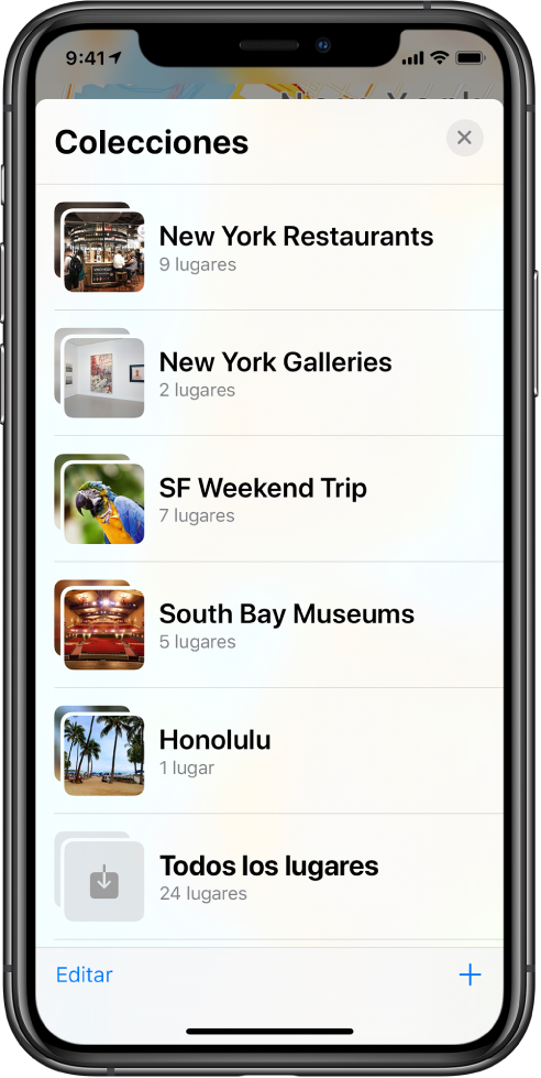 Una lista de colecciones en la app Mapas. Las colecciones incluyen, en orden descendiente, restaurantes en Nueva York, Galerías en Nueva York, Viaje de fin de semana a San Francisco, Museos en el Sur de la bahía, Honolulu, y Todos los lugares. En la esquina inferior izquierda se encuentra el botón Editar y, en la esquina inferior derecha, está el botón Agregar.