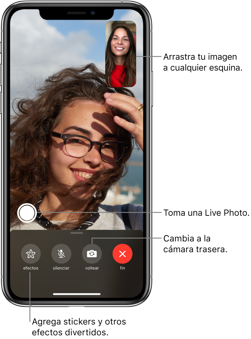 La pantalla de FaceTime mostrando una llamada en progreso. Tu foto aparece en un rectángulo pequeño en la parte superior derecha, y la imagen de la otra persona llena el resto de la pantalla. A lo largo de la parte inferior de la pantalla se muestran los botones Efectos, Silencio, Voltear y Finalizar. El botón para tomar una Live Photo se encuentra arriba de ellos.