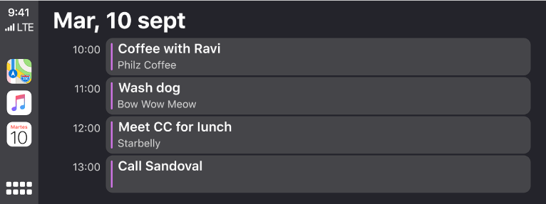 Pantalla de un calendario en CarPlay con cuatro eventos para el martes, 10 de septiembre.