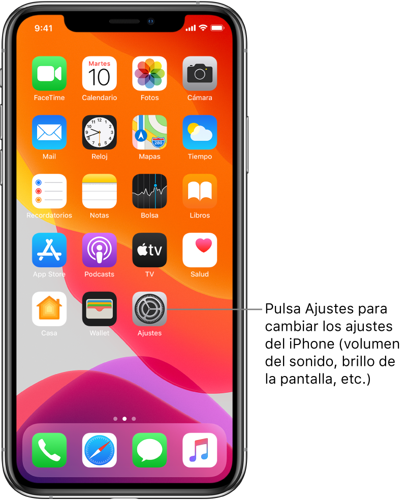 Pantalla de inicio con varios iconos, entre ellos el icono Ajustes, que puedes pulsar para modificar el volumen o el brillo de la pantalla del iPhone, entre otros ajustes.