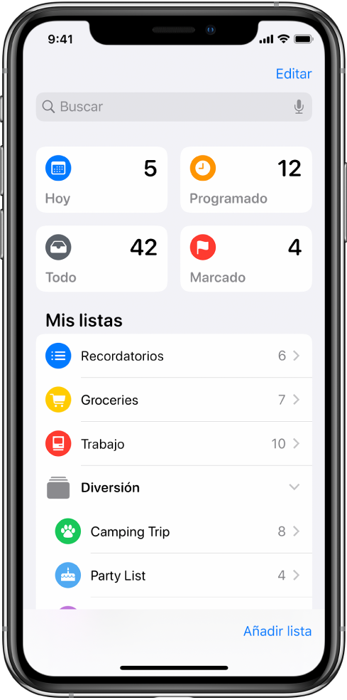 Pantalla con varias listas en Recordatorios. Las listas inteligentes de los recordatorios para hoy, los recordatorios programados y los recordatorios marcados aparecen en la parte superior. El botón “Añadir lista” se encuentra abajo a la derecha.
