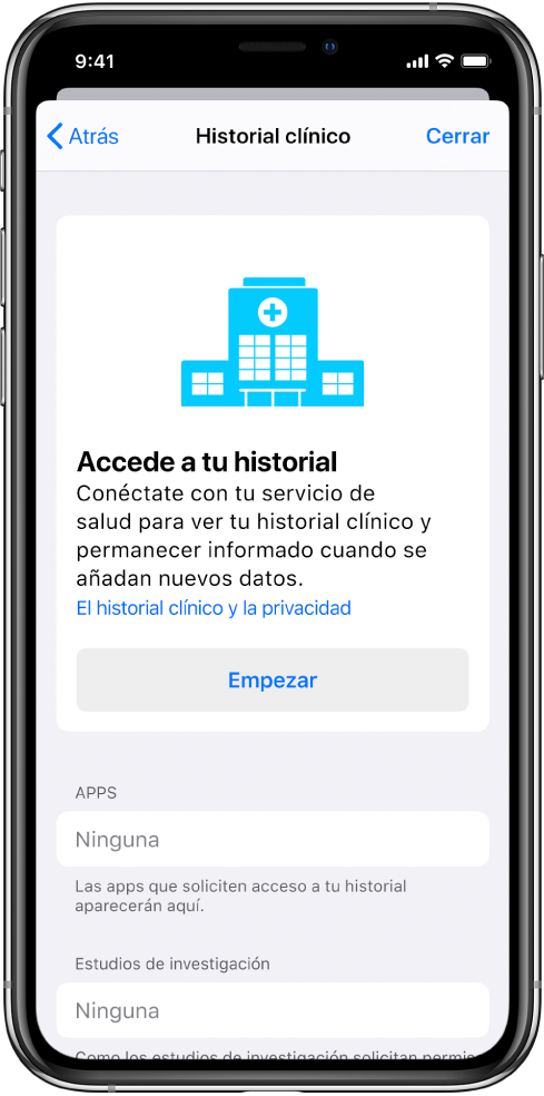 Pantalla Empezar para configurar las descargas del historial clínico.