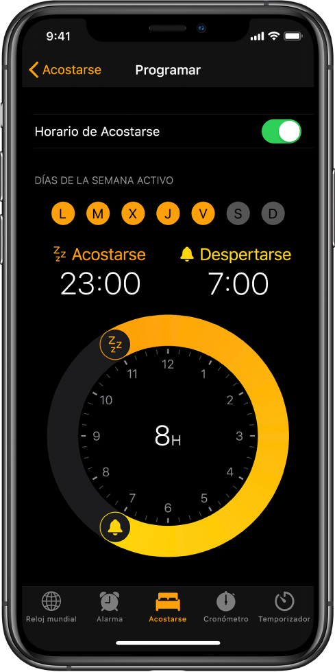 Botón Sueño seleccionado en la app Reloj, con la hora de acostarse a las 11:00 p. m. y la hora de despertarse a las 7:00 a. m.