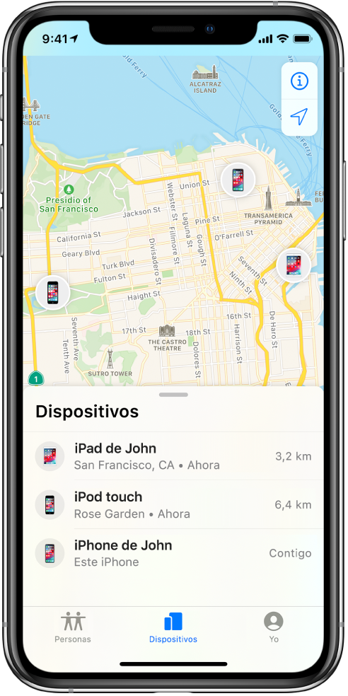 Hay tres dispositivos en la lista Dispositivos: iPad de Juan, iPod touch de Juan y iPhone de Juan. Sus ubicaciones se muestran en un mapa de San Francisco.