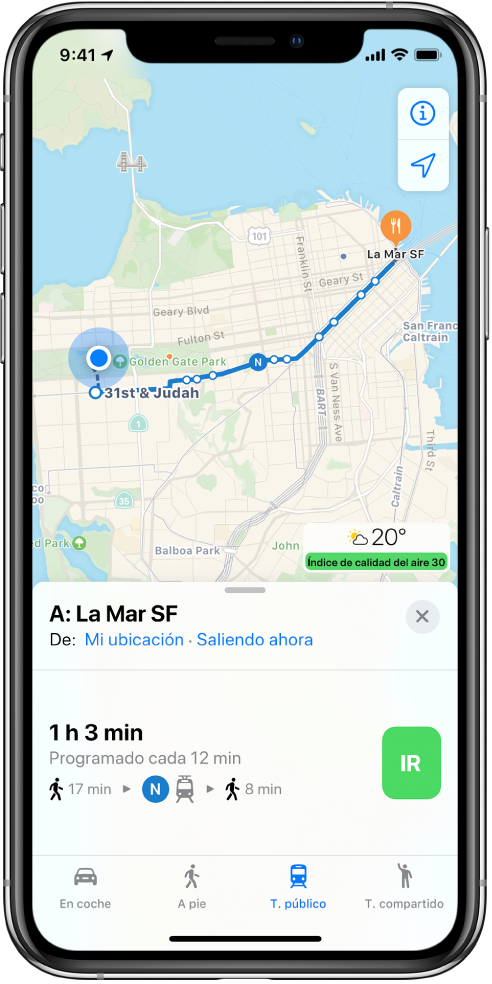 Mapa con una ruta en transporte público que cruza San Francisco. La tarjeta de ruta en la parte inferior de la pantalla incluye un botón Ir.