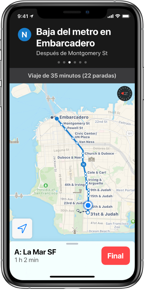Mapa de una ruta en transporte público que cruza San Francisco. Una tarjeta de ruta en la parte superior de la pantalla muestra la indicación “Bajarse del tren en Embarcadero”.