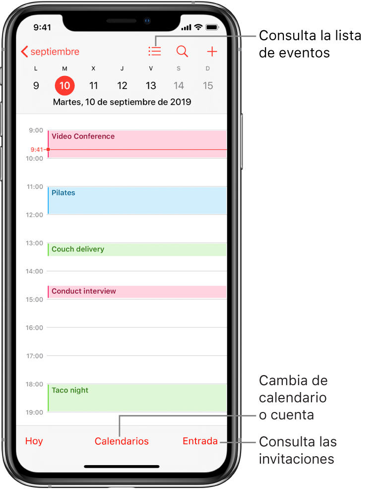 Calendario en la visualización diaria con los eventos del día. Pulsa el botón Calendarios de la parte inferior de la pantalla para cambiar las cuentas de calendarios. Pulsa el botón Entrada situado en la parte inferior derecha para ver las invitaciones.