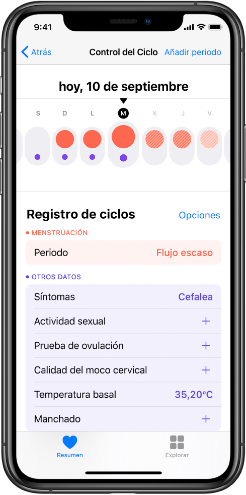 Pantalla “Control del ciclo” en la app Salud.