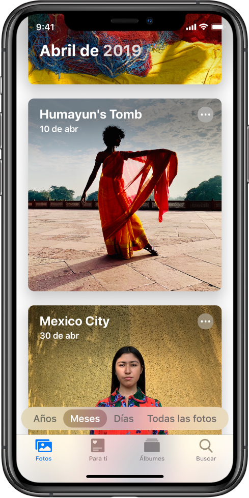 Pantalla de la app Fotos. La pestaña Fotos y la visualización Meses están seleccionadas. Se muestran dos eventos de abril de 2019: Tumba de Humayun y Ciudad de México.