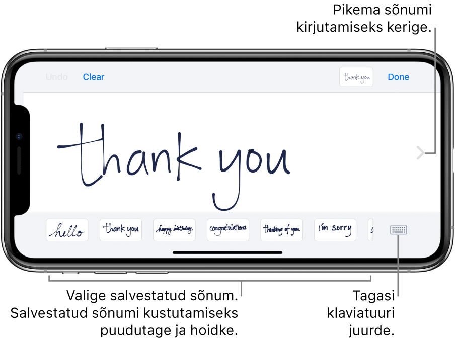 Sõrmega kirjutamise kuva koos sõrmega kirjutatud sõnumiga. Alaosas asuvad (vasakult paremale) salvestatud sõnumid ning nupp Show Keyboard.