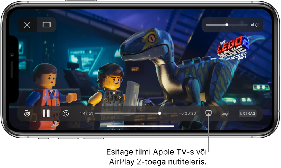 iPhone'i ekraanil esitatakse filmi. Ekraani allservas on taasesituse juhtnupud, k.a all paremal nupp Screen Mirroring.