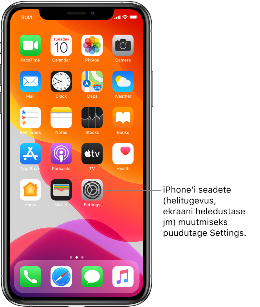 Home-kuva erinevate ikoonidega, k.a ikoon Settings, mida puudutades saate muuta iPhone’i helitugevust, ekraani heledustaset jm.