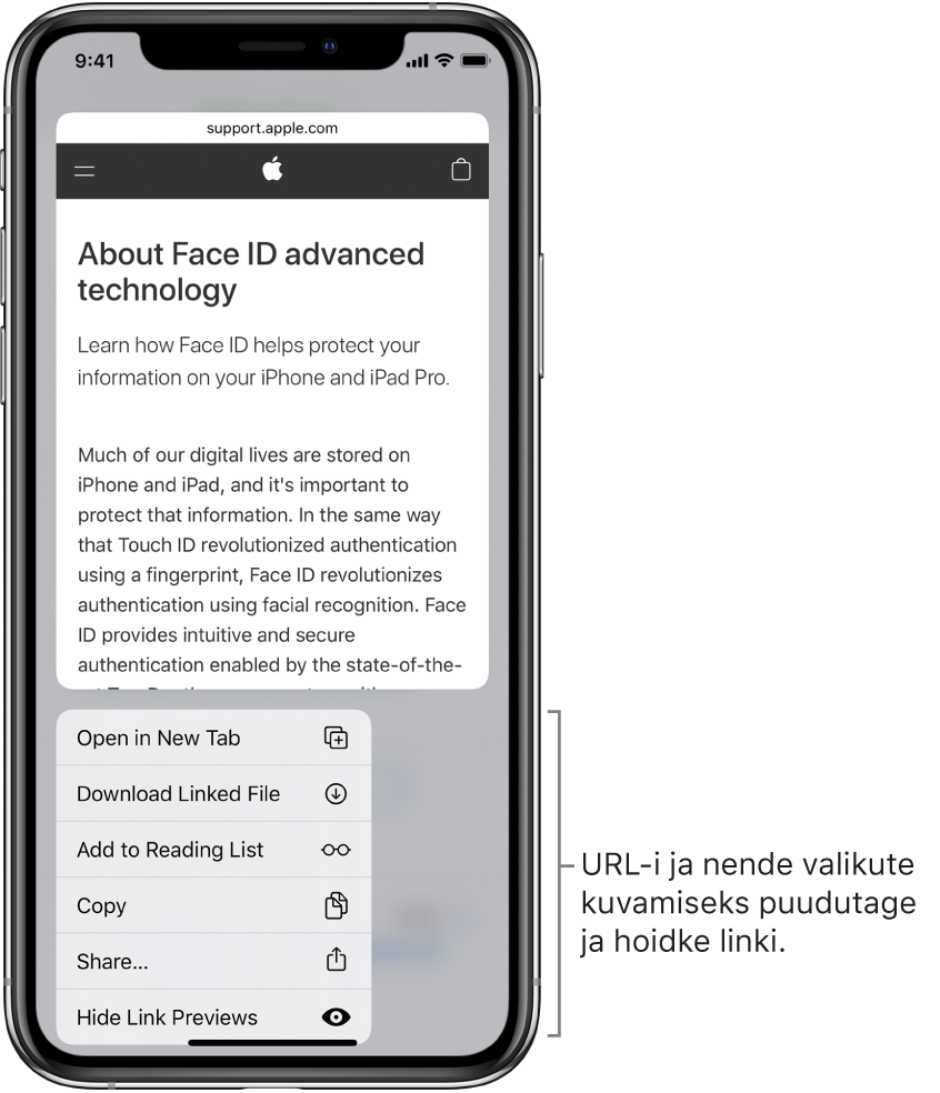 Ülekate, kus kuvatakse sihtkoha URL-i eelvaadet ning selle järel loendit võimalike toimingutega: Open, Add to Reading List, Add to Photos, Copy ja Share.